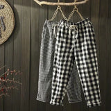 Spring Summer Plaid Pants Women's Harem Pants Capris Drawstring Waist Large Size Casual Loose Cotton Linen Trousers Women-Outfit