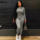 Kliou Solid Simple Two Piece Set Women Sheath Slim Casual Sporty Long Sleeve Zipper Top+Body-Shaping Female Activewear