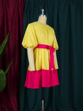 Women Dress Loose Puffy Short Sleeve Belt Casual Fashion Mini Shirt Dresses Bright Yellow Pink Party Birthday Club