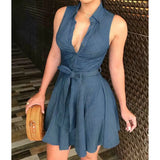 Women Sleeveless Clubwear Button Denim Jeans Dress Bodycon Vestidos 2020 Summer Beach Holiday Belted Hsomewear