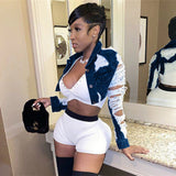 hirigin Turn-down Collar Jean Jacket Vintage Sexy Hole Short Denim Jacket Women Casual Blue Fashionable Women Coats