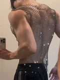 Woherb Sexy Men's T-Shirt Half Vest Top Transparent See-Through Versatile Fishing Net Nightclub Show Grid