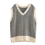 Sweater Vest 2020 Autumn Knitted Houndstooth V-Neck Pullover Fashion Oversized Sleeveless Female Waistcoat Jumper