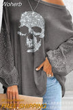 Women Loose Elastic Pullover T Shirt Glitter Skeleton Lantern Sleeve Top Tshirt Fashion Casual-Outfit