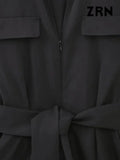 Women Fashion With Belt Front Zipper Jumpsuits Vintage Short Sleeve Side Pockets Female Playsuits Mujer-Outfit