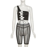2 Piece Set Women Summer Sexy One Shoulder Slit Lace Up Crop Top + Sheer Mesh Pants Club Party Tracksuit Outfits Matching-Outfit
