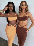 Women Knitted 2 Pieces Summer Clothing Set Sexy Tie-up Halter Crop Tops and Cross Wrapped Long Skirts Beach Clubwear-Outfit