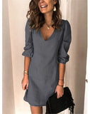 Fashion Women Summer Autumn Casual Loose Dress V-Neck Three Quarter Sleeve Mid Waist Solid Color Pullovers Mini