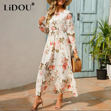 Autumn New Bohemian Floral Print Long Sleeve Waist Dress Women O Neck Loose Casual Beach Vestidos Holiday Robe Dresses-Outfit