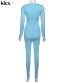 Kliou Solid Concise Two Piece Set Women Skinny Bodycon-shaping Crew Neck Bodysuit+High Waist Slim Sporty Leggings