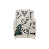 Temperament Knitted Sweater Vest 2021 Winter Sweet Girl Jumper Cartoon Dinosaur V-neck Sleeveless Knitwear Casual Loose