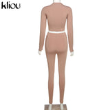 Kliou fashion tracksuit women turtleneck full sleeveless crop top+leggings matching set stretchy sporty fitness casual