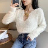 Sexy V Neck Women Cropped Sweater Korean Long Sleeve Knit Pullover Autumn Chic Temperament White Black Loose Short Top