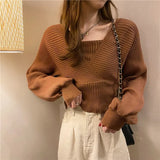 Solid Slim Autumn Short V Neck White Knitted Tops Bottom Fake Two Pieces Pullover Sweaters Lady Fashion Chic Korea