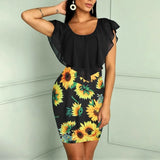 Womens Sunflower Summer Bodycon Dress Sleeveless Printed Holiday Party Short Mini Dresses Ruffle Summer Dress 2021