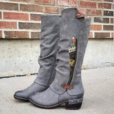 Women Knee High Boots Vintage PU Leather Round Toe Western Cowboy Long Boots Female Low Heel Side Zipper Work Snow