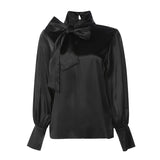 Satin Blouse WomenFashion Tunics Tops 2022 Autumn Elegant Bow Tie Lantern Sleeve Belted Shirt Casual Slik Party