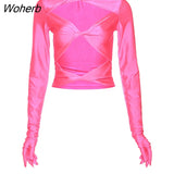 Sexy Hollow Out Gloves Women T-shirt Pink Long Sleeve Round Neck Short T-shirt Female Autumn Slim Fashion Party Top 2022-Outfit