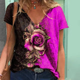 Rose Print T-Shirts Women Casual V-Neck Short Sleeve Loose Tee Shirt Female 2021 Fashion Street Hipster Pullover