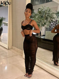 Kliou Mesh Two Piece Set Women Summer Sexy Wrapped Camisole+Bodycon See Through Pleated Skirt Maching Dress Suit Girl