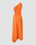 Women High Waist Hollow Out One Shoulder Cutout Pleated Dress Evening Party Ankle Length Long Dress Sleeveless Sexy Slim-Outfit