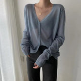 Women Korean Long Sleeve Cardigan Summer Cropped Cardigan Knitted V Neck Thin Ice Silk Blouse Sunscreen Shirt