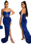 Sexy Sequins Sheer Mesh Patch Straps Slit Cocktail Party