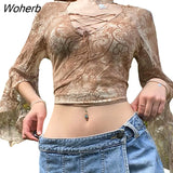 Women Sexy See Through 2000s Mesh Cardigan T-Shirt Ladies Girls Flare Long Sleeve Button Down Lace E-Girl Crop Tops-Outfit