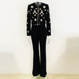 New Fashion Round Neck Heavy Industry Nail Beads Short Jacket Open Fork Horn Trousers