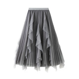 Spring New High-Waisted Lotus Leaf Side Splicing Mesh Dress Half-Dress Woman's Long-Term Large Folding Skirt
