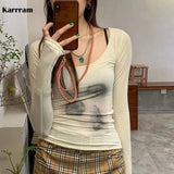 Vintage Designer Clothes Graphic Print Mesh Tops Turtleneck England Style Elegant Long Sleeve T-shirt Sheer Tops