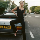 Black Knitted Sleeveless Jumpsuit Women Button Wide Leg Jumpsuits 2021 Femme Streetwear Casual Straight Rompers