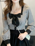 Cute Sweet Bow Tie Tops Square Neck Retro Vintage Plaid Shirts 2021 Women Autumn Basic Wear Chic Japan Style