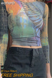 Graphic Print Green Mesh Sheer T-shirt Long Flare Sleeve Slim Crop Tops Sexy See Trough Women Tops Y2K Vintage Grunge-Outfit