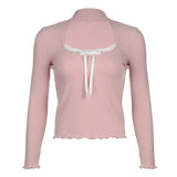 Woherb Girl Wind Lace Stitching Bow Long Sleeve T Shirt Square Collar Pit Strip Slim Solid Color Bottom Top-Outfit