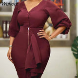 Winter Fashion OL Two Piece Set Women V-neck Lantern Sleeve Top Slim Ruffle Skirt 2 Piece Set Women-Outfit