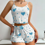 New 2025 Knitted Pit Strip Love Print Design Sweet Sling Shorts Pure Pyjamas