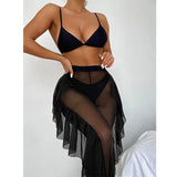 Black Solid Bikini Mesh 3 Pieces Set Sexy Swimsuit Women Elegant Swimwear Female Ruffle Swimming Suit Sports Bathing