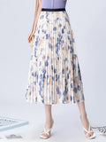 Spring Summer Floral Printed Chiffon High Waist A-Line Skirts Women Elegant Midi Length Polyester Pleated Skirt QT1751-Outfit