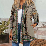 Autumn Winter Fashion Loose Women Folk-custom Print Jacket Coats Casual Retro Long Sleeves Coats Elegant Cardigan