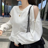Autumn Casual Fashion Round Neck Zipper Off Shoulder Sweatshirt Women Long Sleeve Solid Jumpers Personality Pullover Top-Outfit