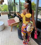 Two Piece Set Women Outfits Sexy Lace Up Tube Crop Top + Prints Flare Pants Skinny Club Sets Summer Casual Tracksuit y2k-Outfit