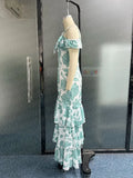 Floral Printed Ruffles A-line Skims Dress For Women Sexy V-neck Spaghetti Strap Robe 2023 Summer Casual Beach Sundress-Outfit
