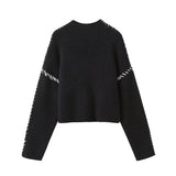 Women's 2025 Sweater Autumn Round Knitted Shirt To Keep Warm And Catch Chic Color Splicing Wiring Sweater