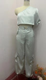 Woherb 2024 New Fashion Diagonal Collar Rotator Sleeve Top Casual Wind Pants Two-Piece Set-Outfit