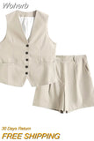 2023 Women Summer 2 pieces sets Fashion Solid Linen Vests Coats and Shorts Female Linen Casual Street Two Suits Clothing-Outfit