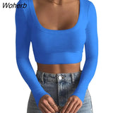 O Neck Ribbed Knitted Long Sleeve Shirts Women Sexy Cropped Tops y2k Casual Skinny Slim Basic T-shirts Tee Tops Black White-Outfit