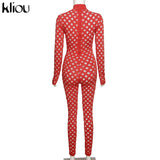Kliou See Through Hollow Out Sexy Zipper Jumpsuit Women Turtleneck Net Plaid Hole Skinny Elastic Club Streetwear