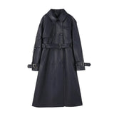 Elegant European Style Long PU Leather Trench Coat Women Double-Breasted with Belt Spring Autumn Lady
