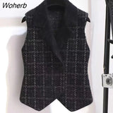 Plaid Imitation Mink Vest Coats Women Slim Vintage Sleeveless Sweater Crop Tops Spring Fall Chic Knitted Waistcoats Outwear-Outfit